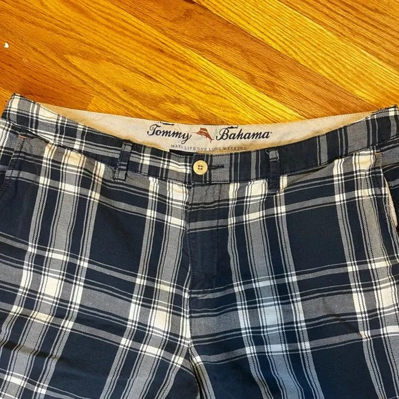 Tommy Bahama Mens Plaid Shorts Size 38 Linen Cotton Blend Blue White - Picture 3 of 9